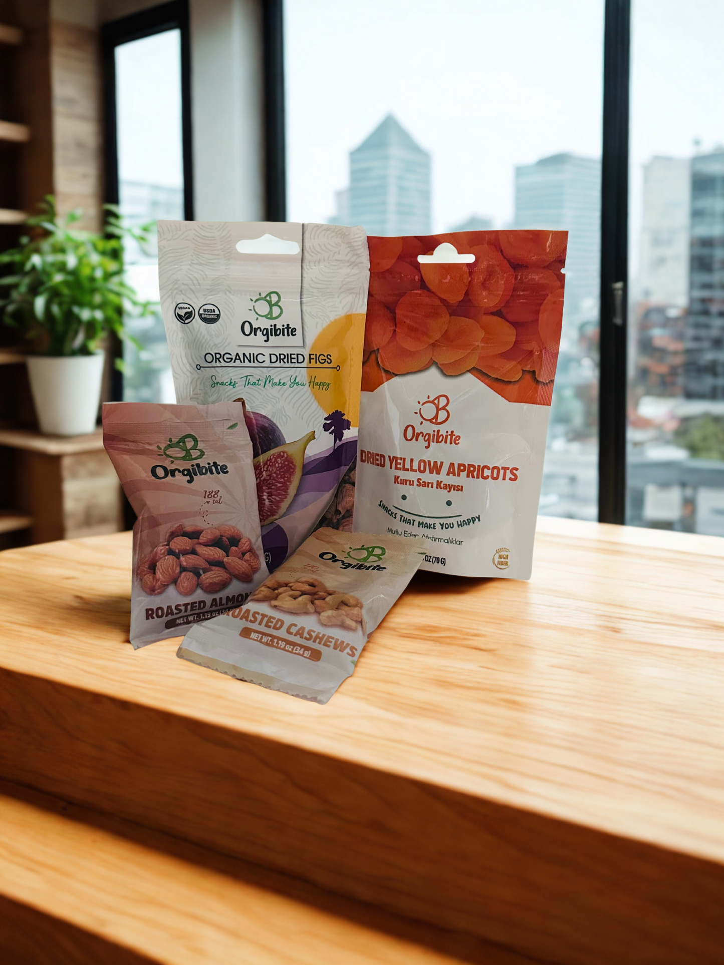 Orgibite Mixed Dried Fruit and Nuts Bundle - Organic Dried Figs (2) Dried Yellow Apricots (2) Roasted Almonds (3) Roasted Cashews (3)