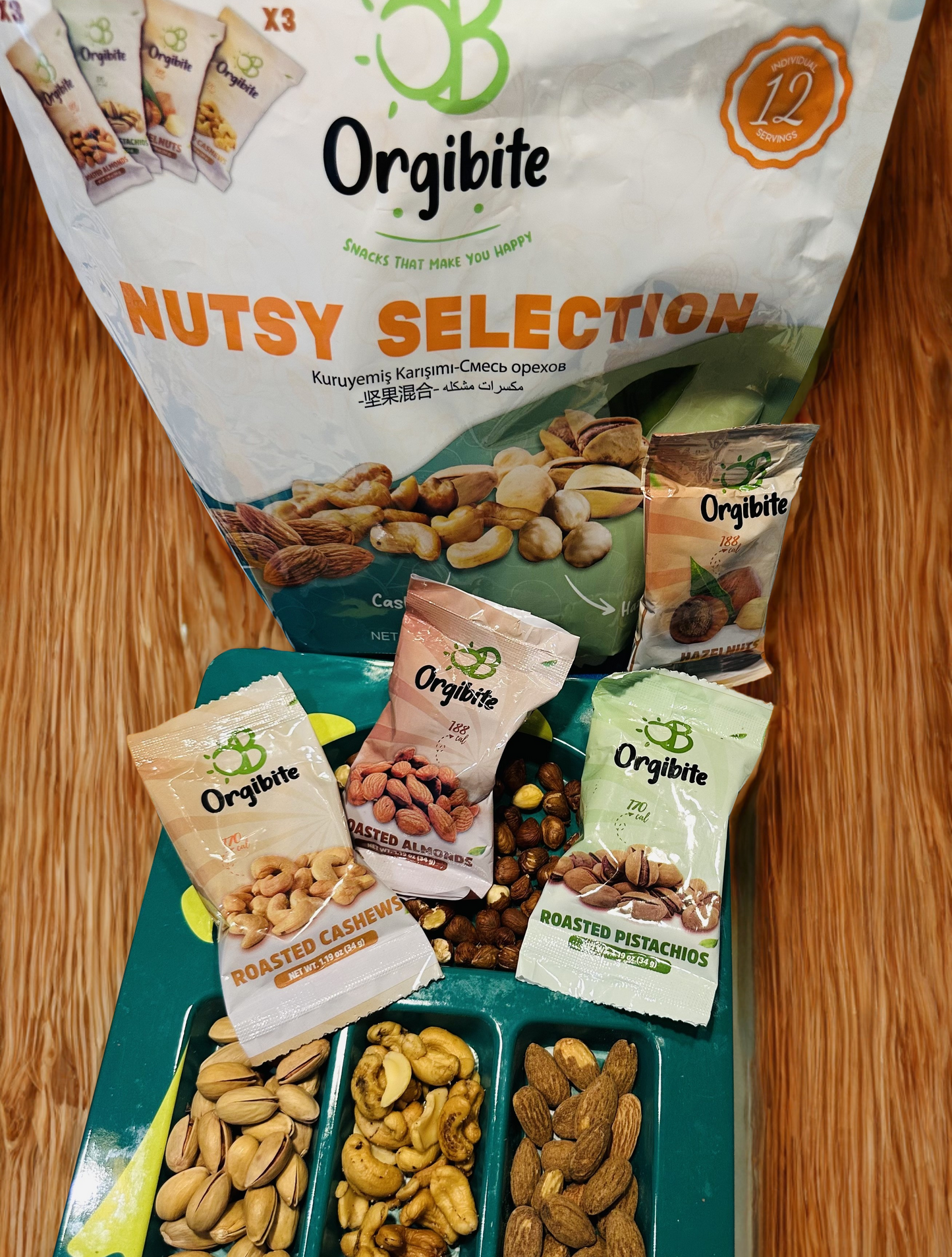 Orgibite Nutsy Selection 12-Pack Mixed Nuts - Almonds (3) Cashews (3) Pistachios (3) Hazelnuts (3)