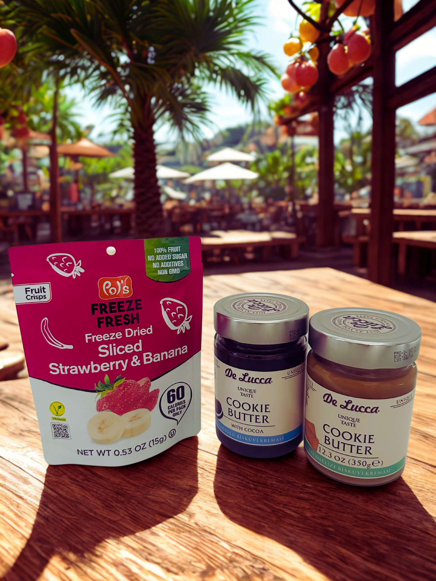 De Lucca Cookie Butters (2) and Pols Freeze Fresh Freeze Dried Strawberry and Banana Mix (5) Bundle