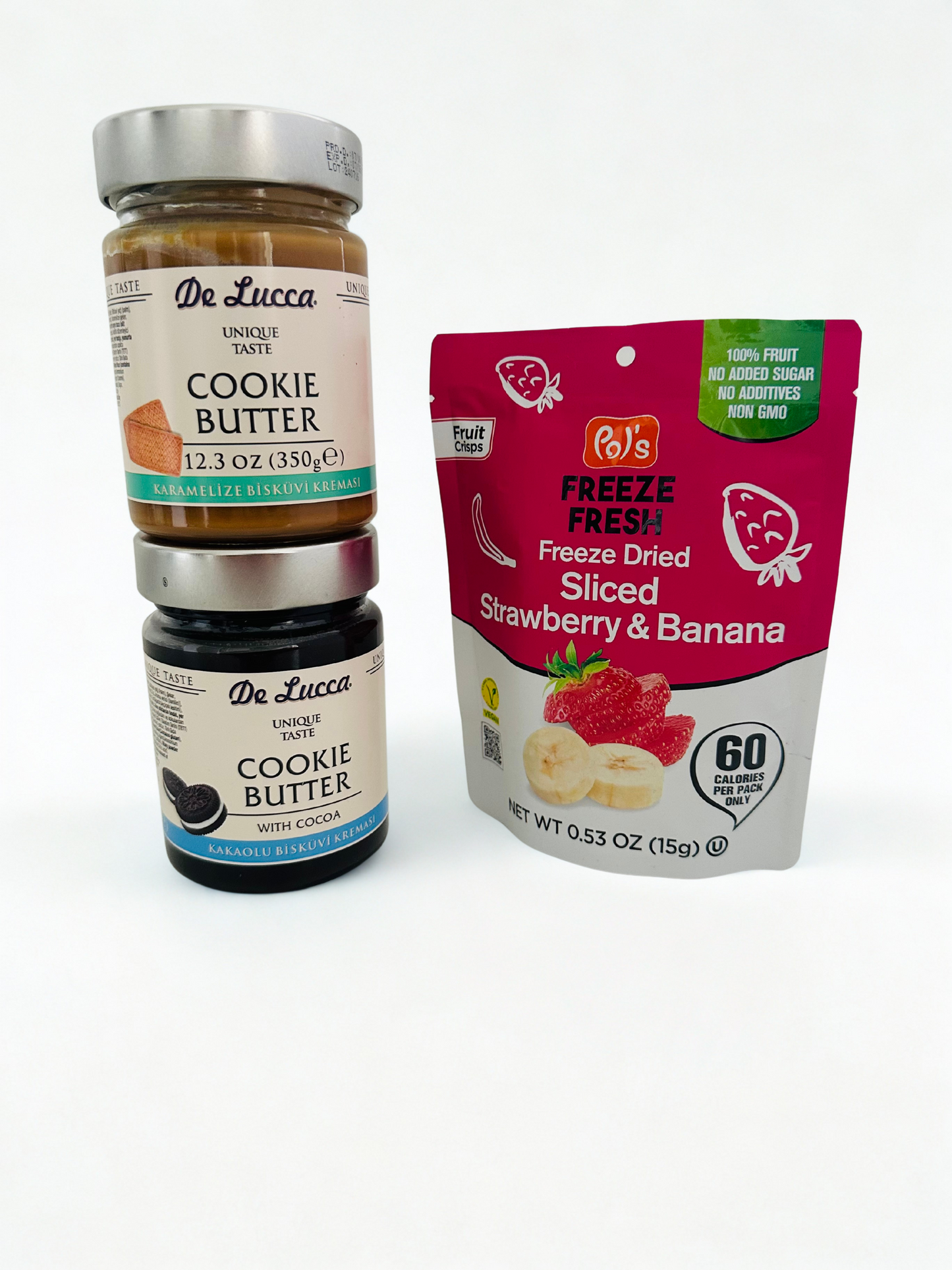 De Lucca Cookie Butters (2) and Pols Freeze Fresh Freeze Dried Strawberry and Banana Mix (5) Bundle