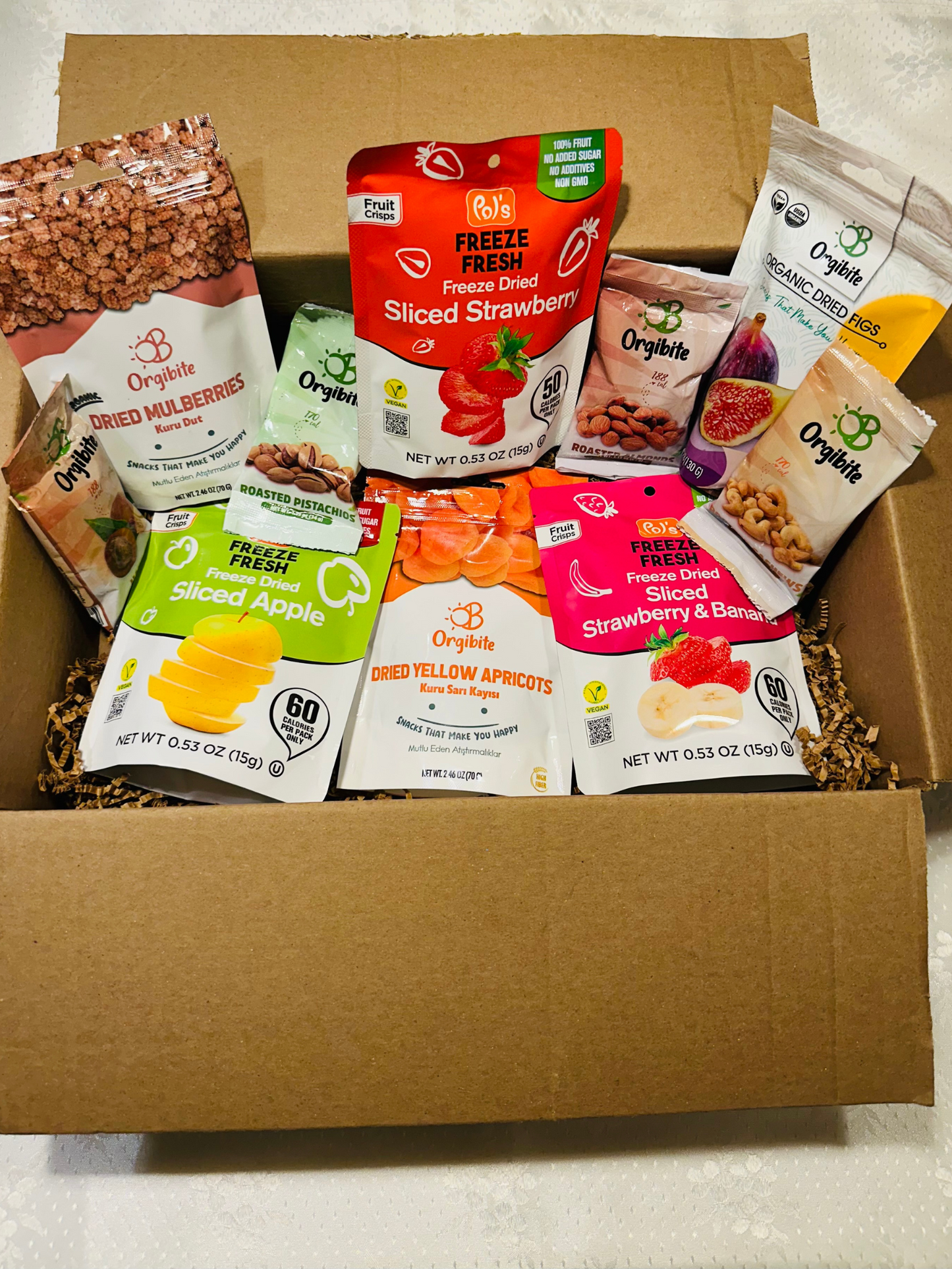 Snactiv Snack Box - Orgibite Dried Yellow Apricots Dried Mulberries Dried Figs Almonds Pistachios Hazelnuts Cashews - Pols Freeze Fresh Freeze Dried Apple Strawberry and Strawberry/Banana Mix