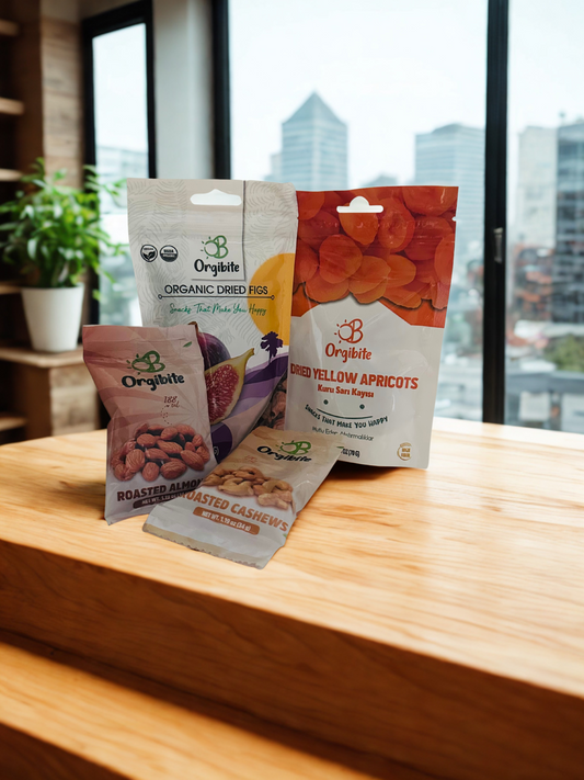 Orgibite Mixed Dried Fruit and Nuts Bundle - Organic Dried Figs (2) Dried Yellow Apricots (2) Roasted Almonds (3) Roasted Cashews (3)